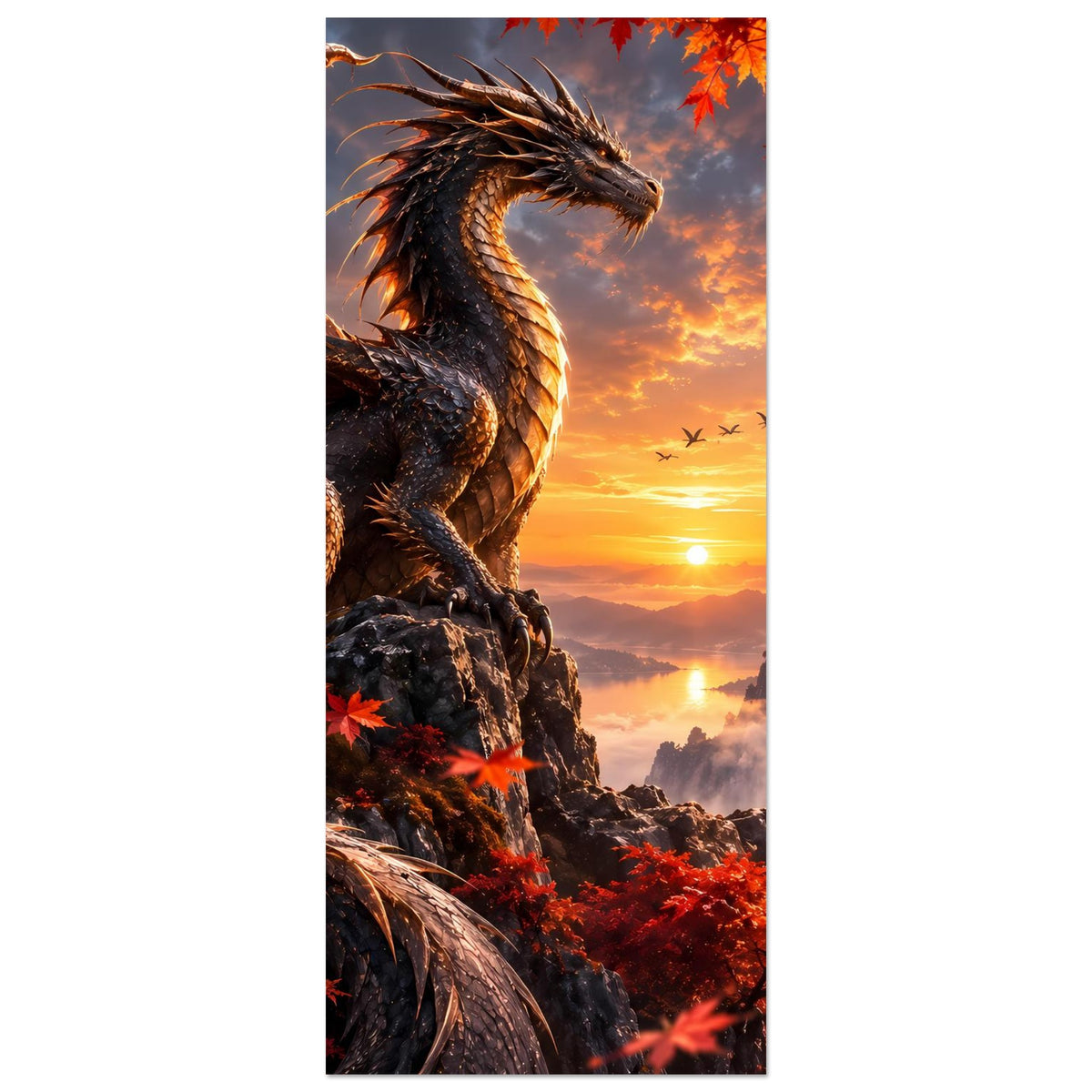 Hochformat-Drachenposter: schwarzer Drache auf Felsen, Pagode, rote Ahornblätter und Sonnenuntergang
