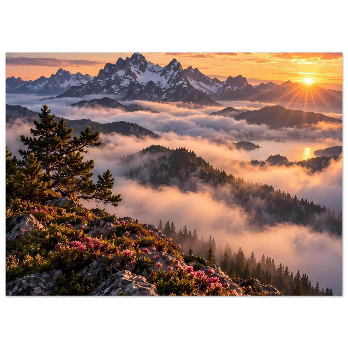Poster im Querformat mit Sonnenstrahlen, Felsgrat und blühender Berglandschaft