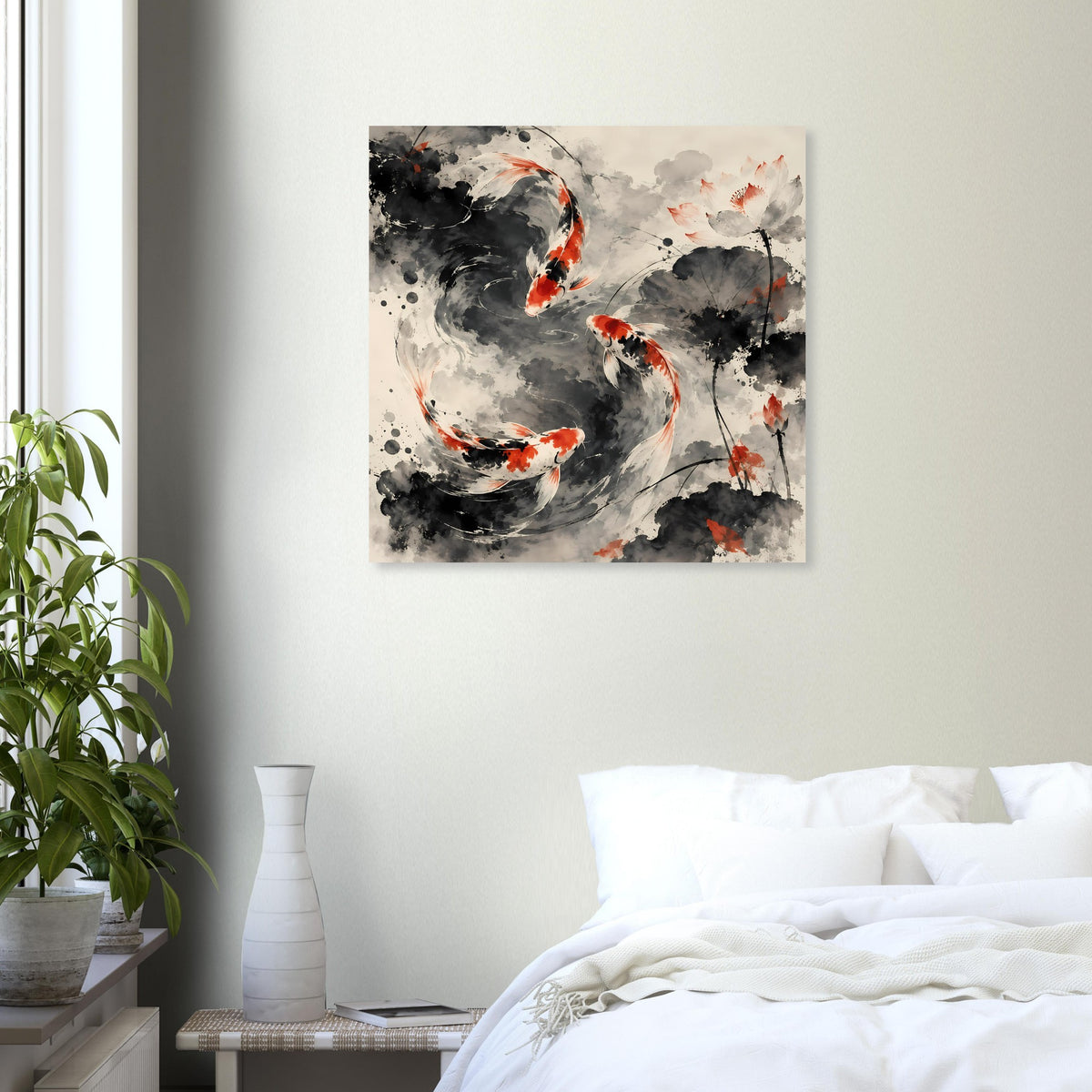 Koi-Fische Poster im Tusche-Look mit drei Koi-Fischen auf hellem Hintergrund