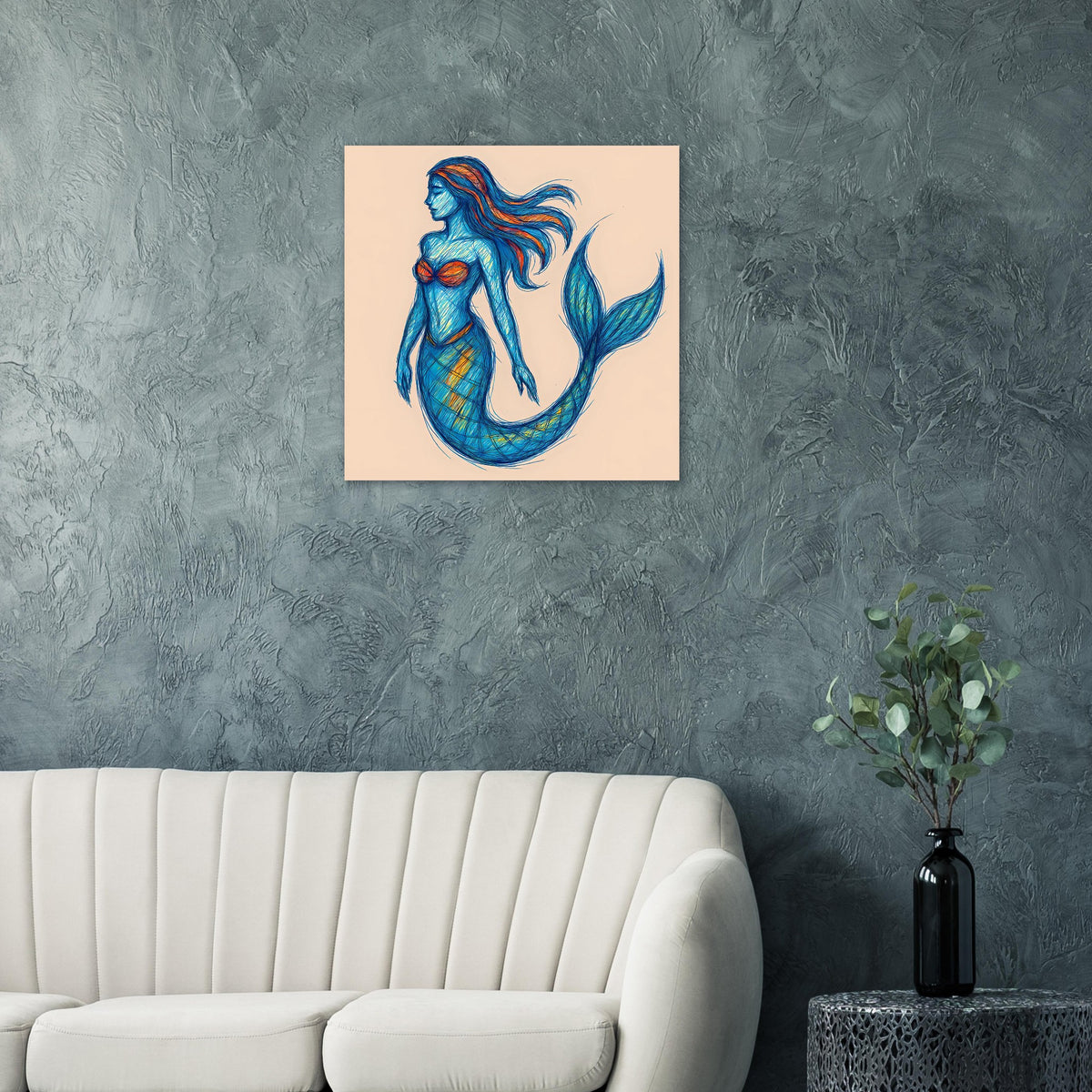 Gerahmtes Kunstposter mit blauer Meerjungfrau in dynamischer Pose, klarer Kontur