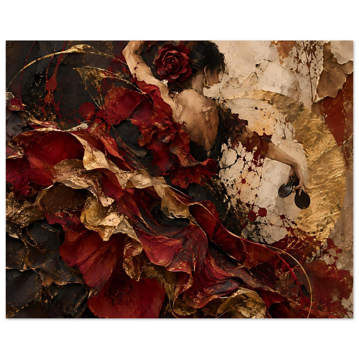 Querformat-Wandposter mit Flamenco-Tänzerin: rotes Kleid, Rosenblüte im Haar, goldene Akzente