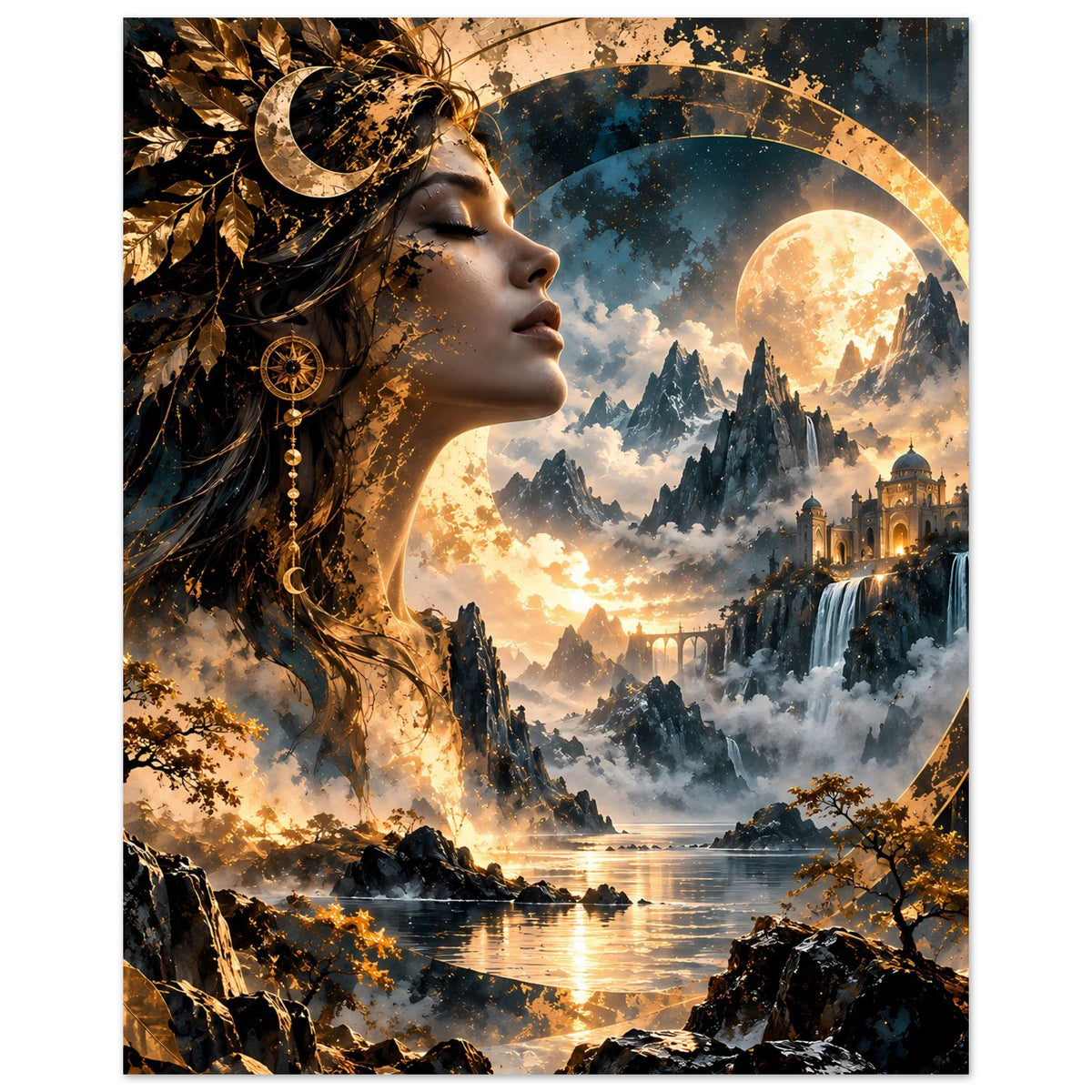 Vertikales Poster mit Frauenprofil, goldenen Ohrringen und Mond über Berglandschaft