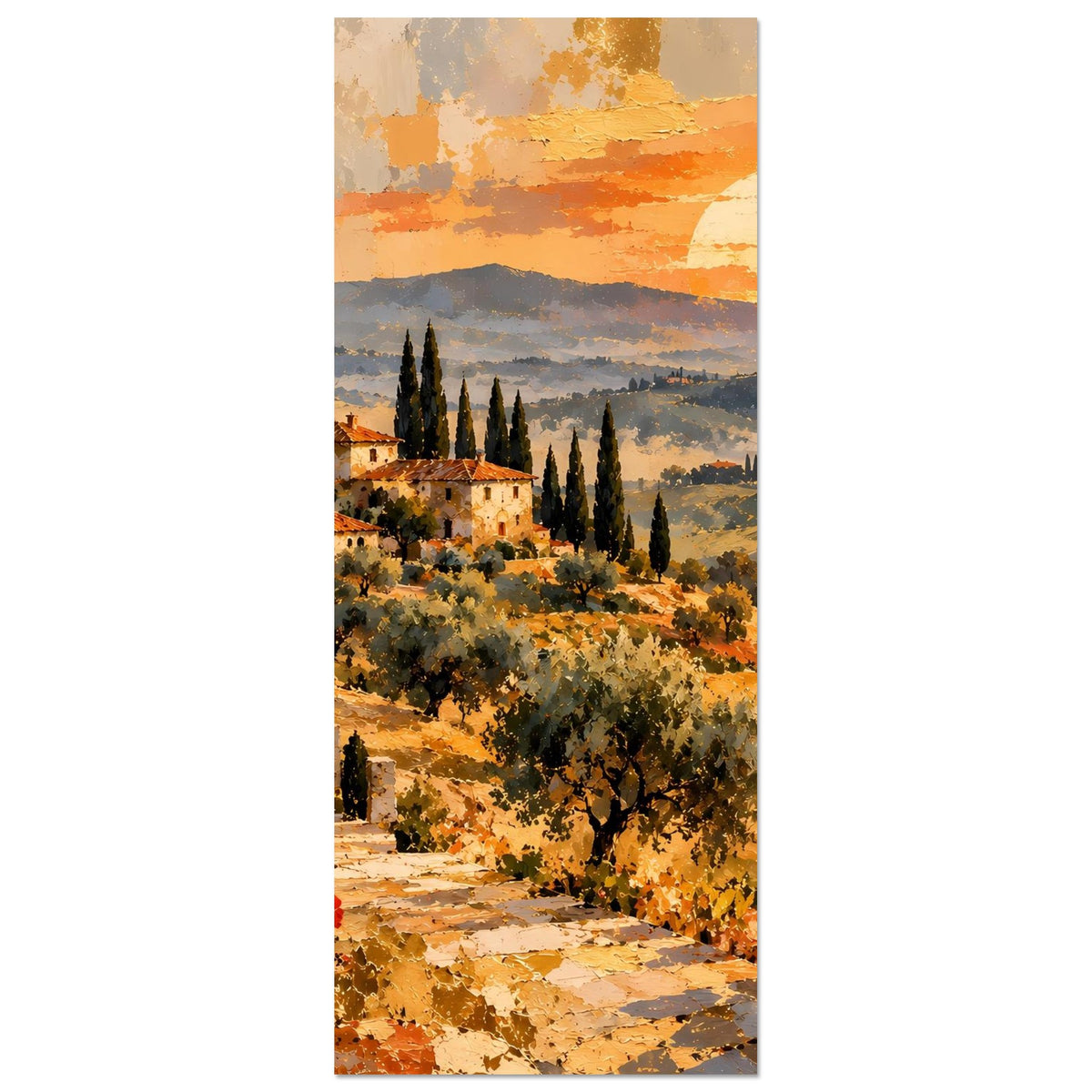 Vertikales Poster mit toskanischer Landschaft, Zypressen und orangefarbenem Abendhimmel