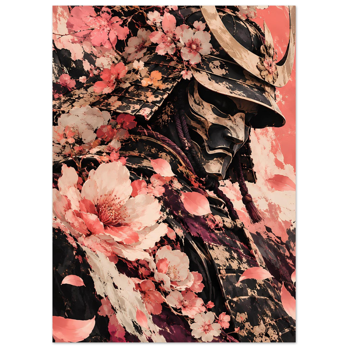 Vertikales Poster mit Samuraihelm, Kirschblüten und Blütenblättern im Sprühstil.
