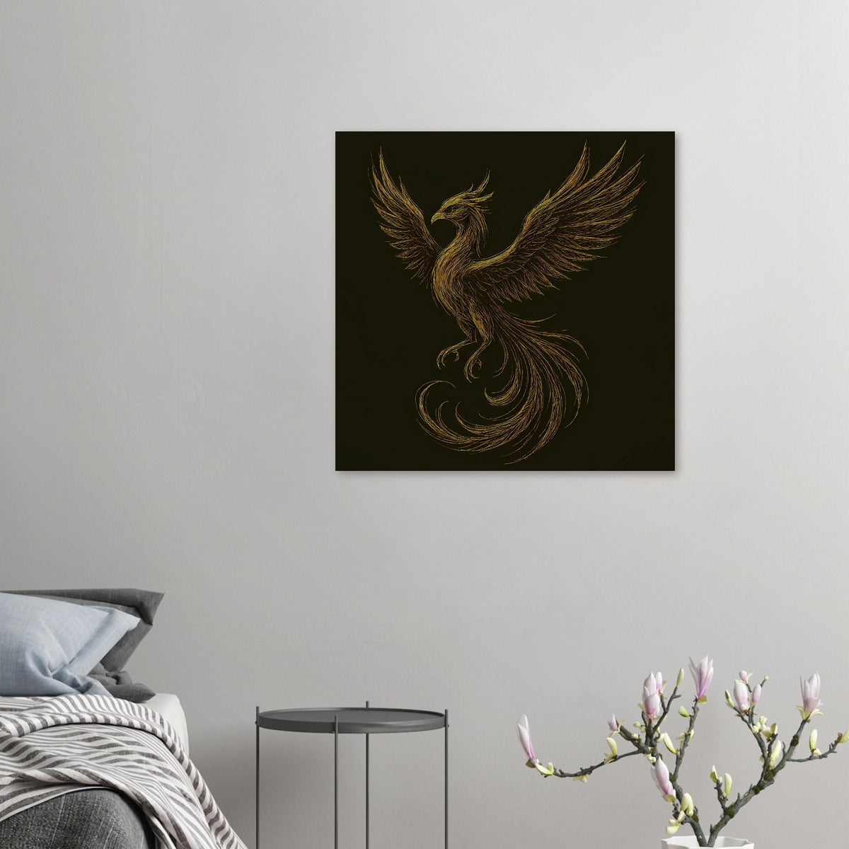 Kleines Poster mit goldenem Phönix, Flügeln nach oben, geschwungener Schwanzform