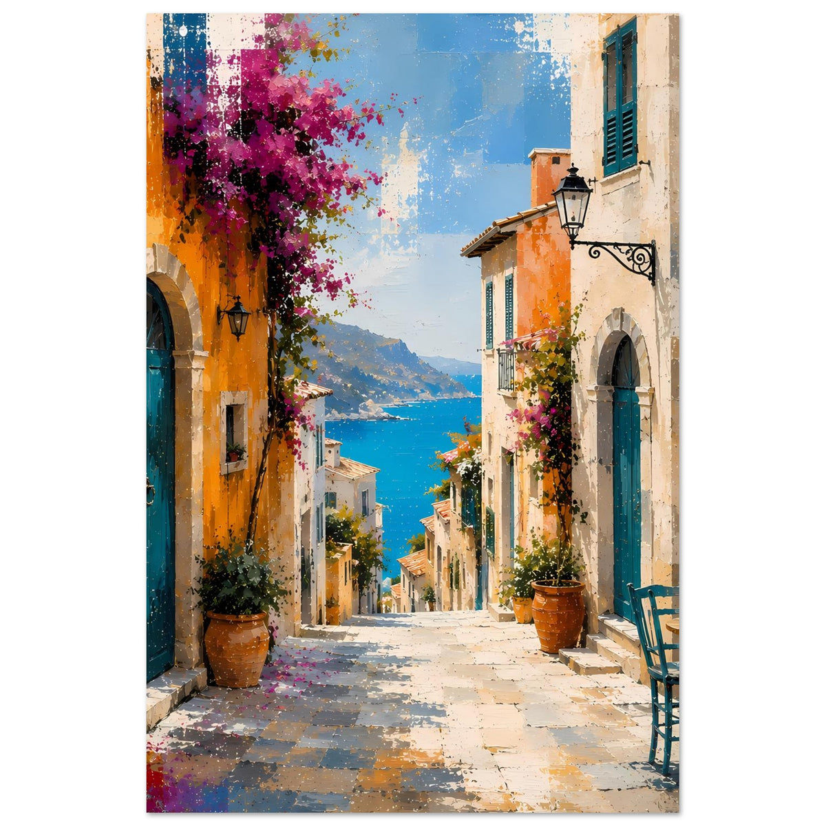 Vertikales gerahmtes Poster: mediterrane Gasse mit blühendem Baum, türkisgrünen Türen