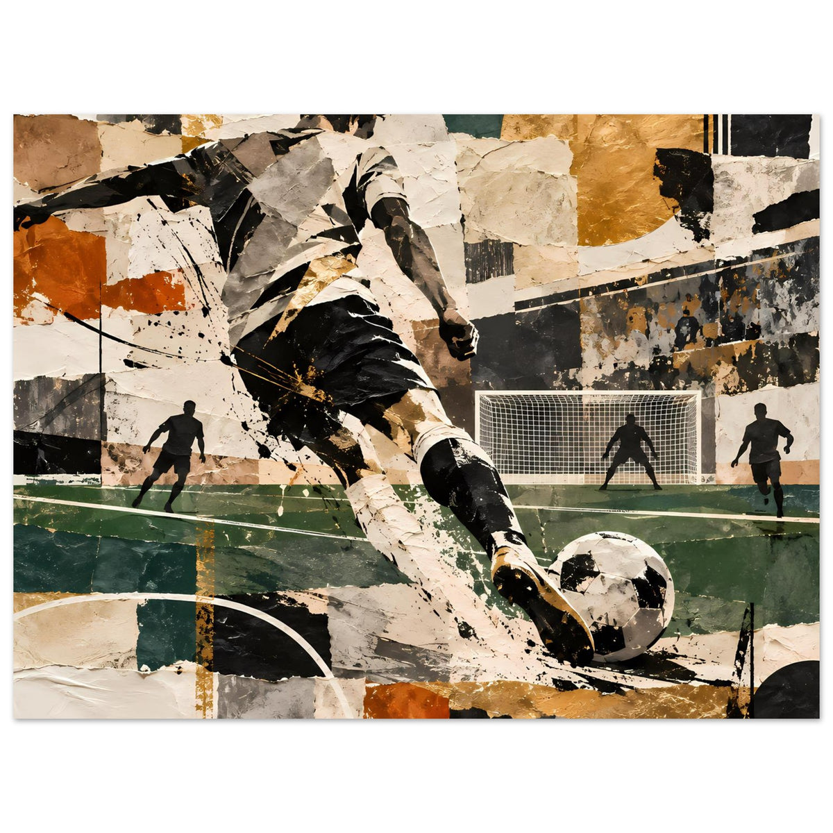Abstraktes Fußball-Action-Artposter, horizontal: Fußballer trifft den Ball, Grafik mit Linien und Spritzern