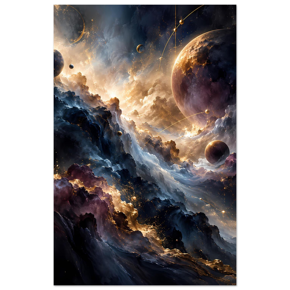 Kosmos-Kunstposter, vertikal: großer Planet rechts, Sternstaub und goldene Lichtpunkte