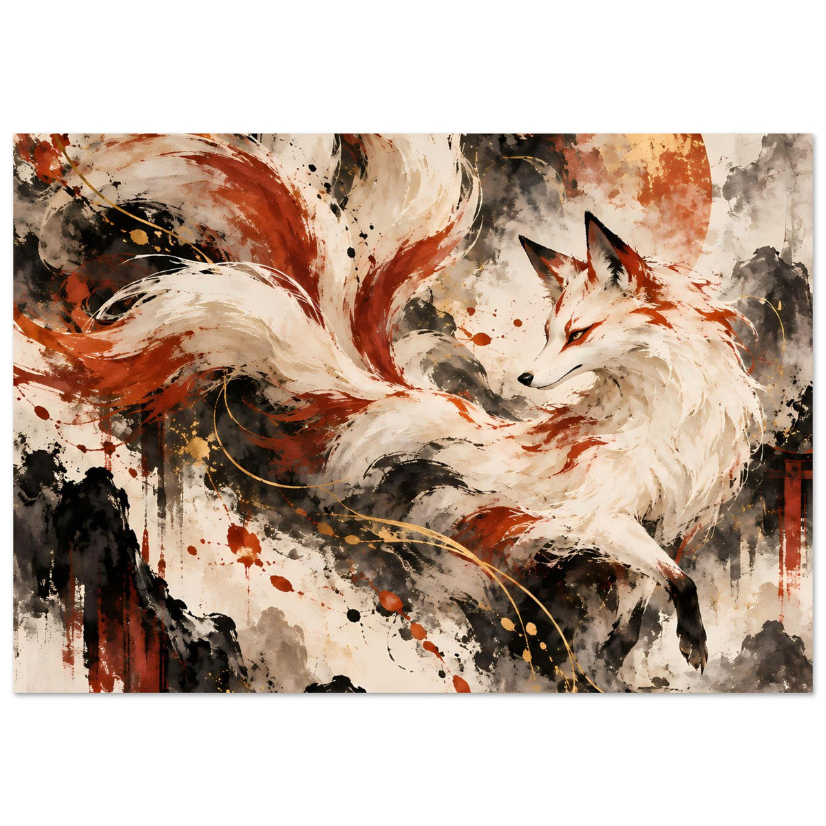 Fantasy-Poster im Querformat mit Fuchs und neun Schweifen, Creme, Rostorange und Schwarz