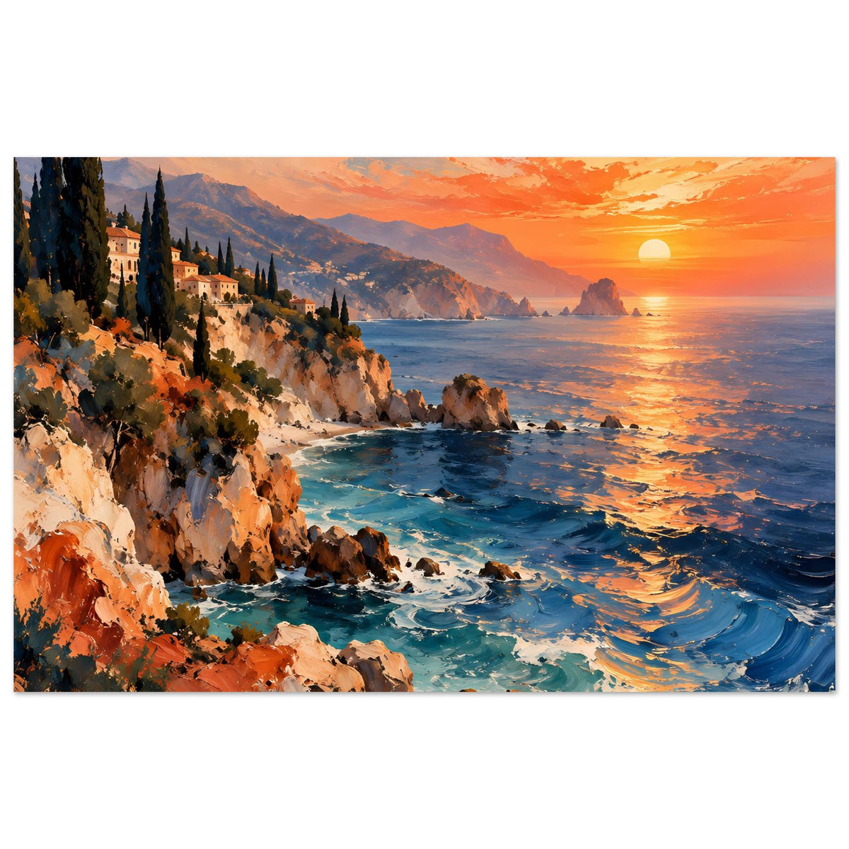 Querformat-Poster: Küste mit Felsklippen, Wellen und orangefarbenem Sonnenuntergang