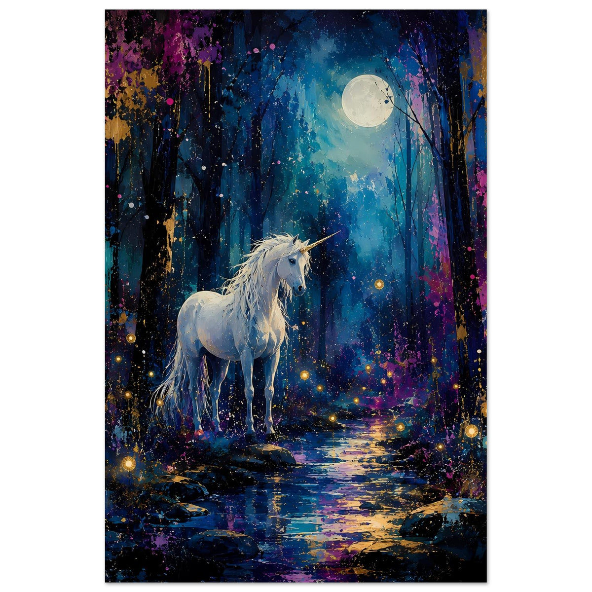 Hochformatiges Poster mit weißem Einhorn, Mond über dem Wald und Lichterkette im Hintergrund
