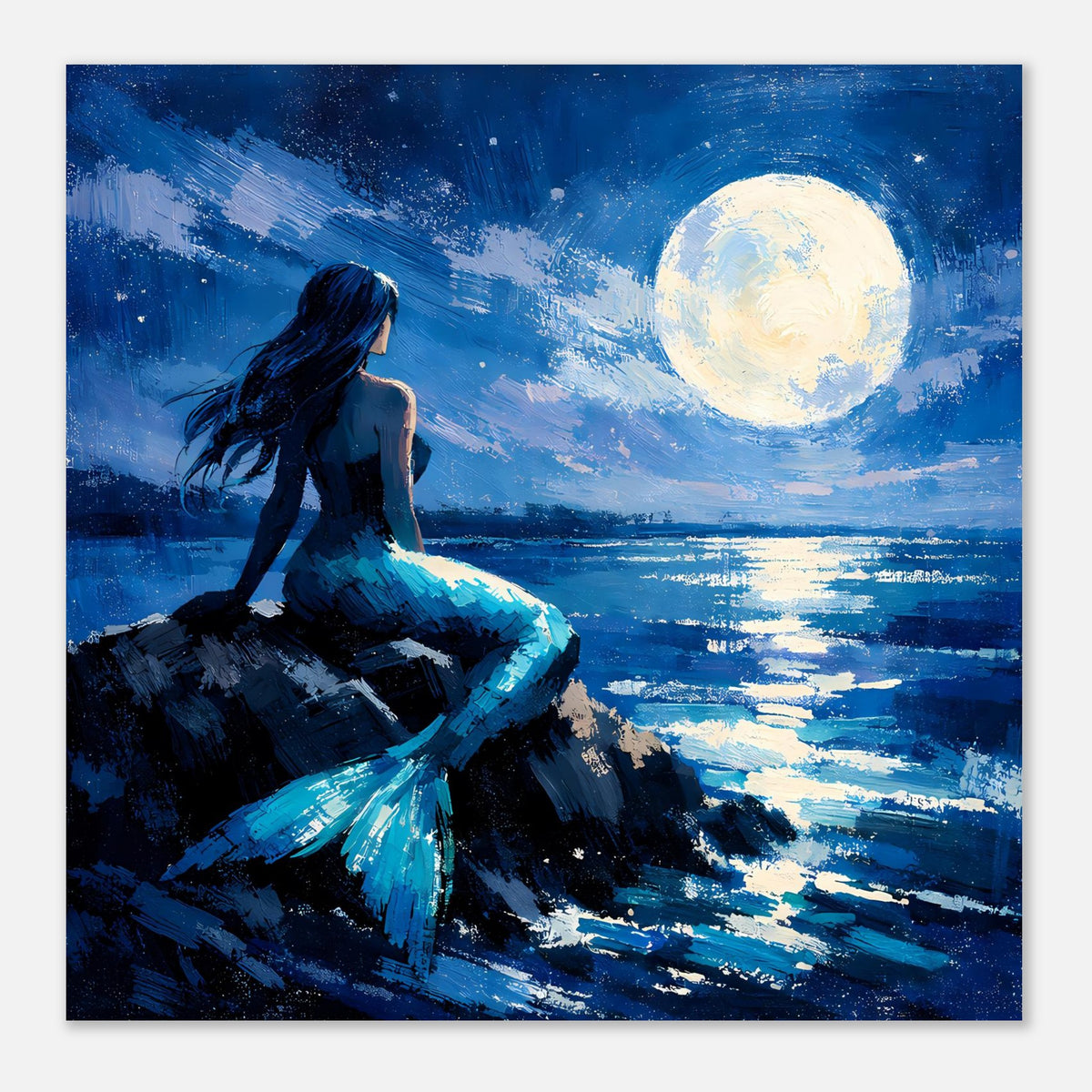 Mattes Poster: Meerjungfrau in Blautönen, Vollmond am Himmel und helle Reflexe auf Wasser
