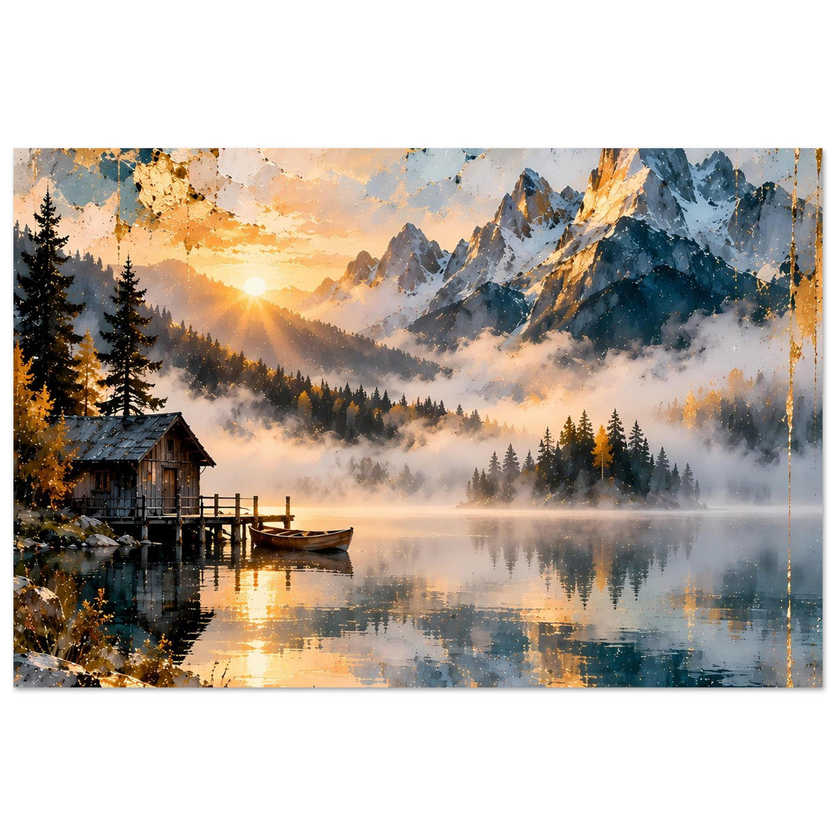 Poster Bergsee-Panorama: Hütte, Steg und Fichten im Dunst vor schneebedeckten Gipfeln