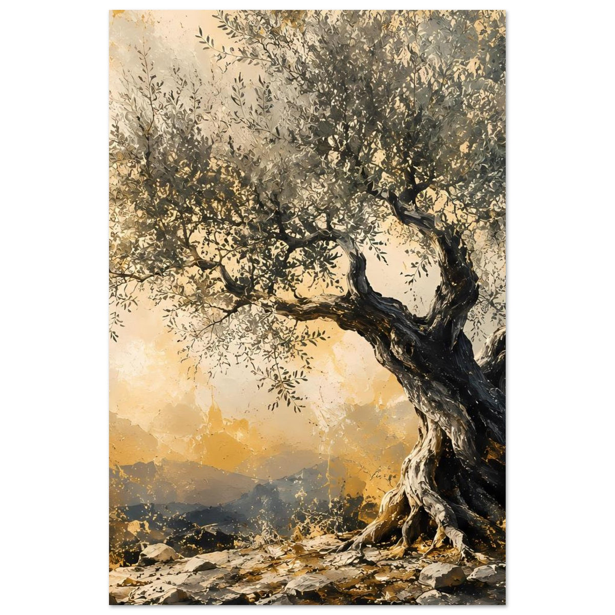 Poster mit Olivenbaum vor bergiger Landschaft, dunkle Krone und warme Lichttöne