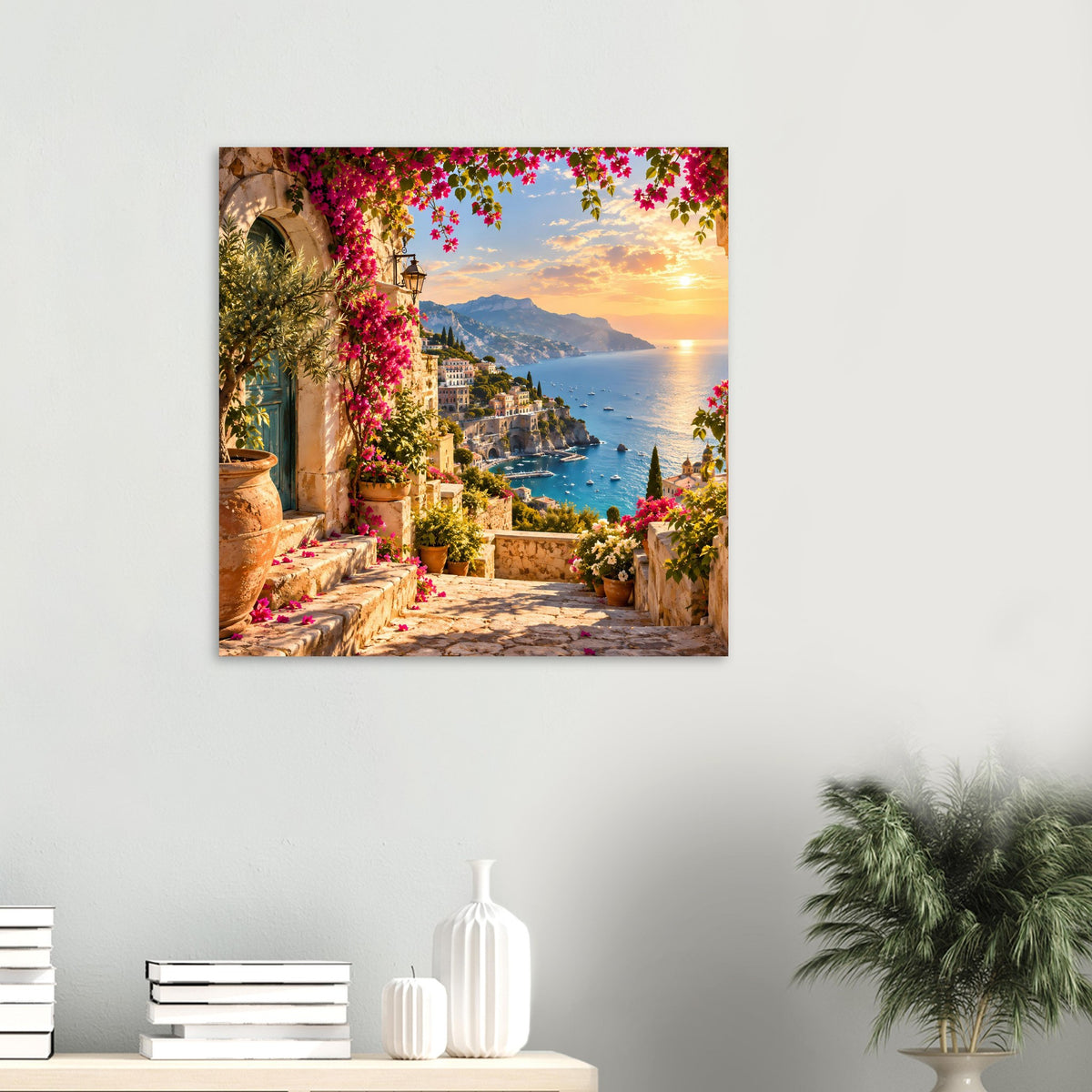 Kleines Poster an der Wand mit Küstenszene bei Sonnenuntergang, mediterranem Balkon und Meer