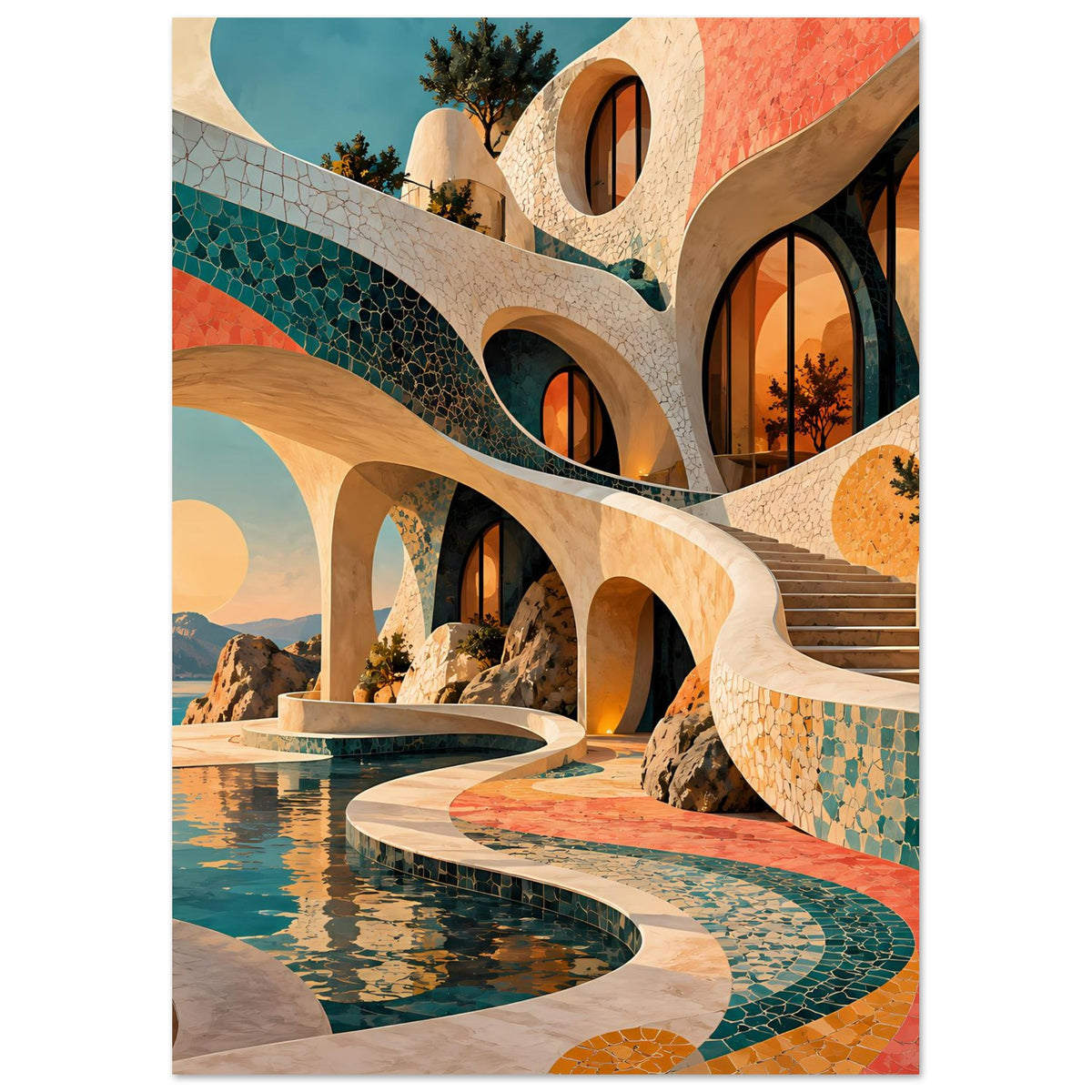 Kunstposter mit Mosaik-Architektur, Rundbögen und geschwungener Treppe, Pool