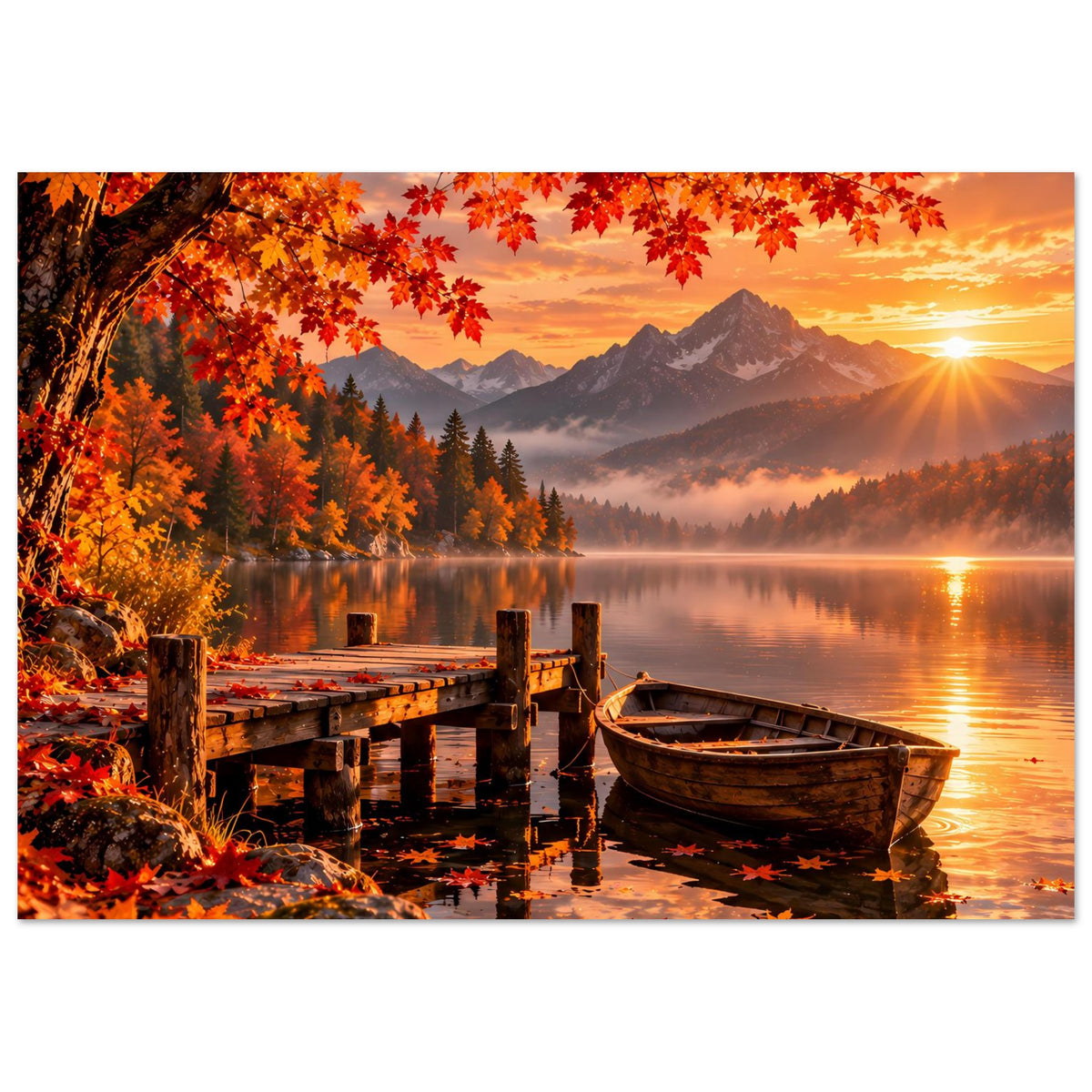 Herbstlandschaft-Poster mit Bergblick, ruhigem See, Holzsteg und Boot