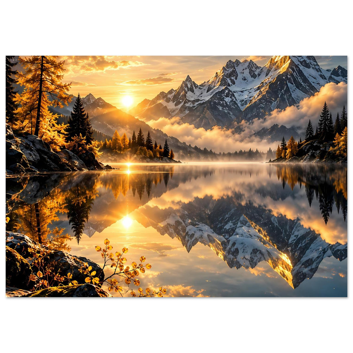 Fotodruck im Hochformat: Bergsee bei Sonnenaufgang, Felsen im Vordergrund, Spiegelung