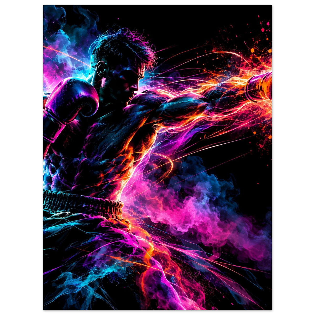 Neon-Boxer-Poster im Hochformat: Silhouette mit Boxhandschuhen, Rauchwolken und Lichtlinien, schwarzer Rahmen