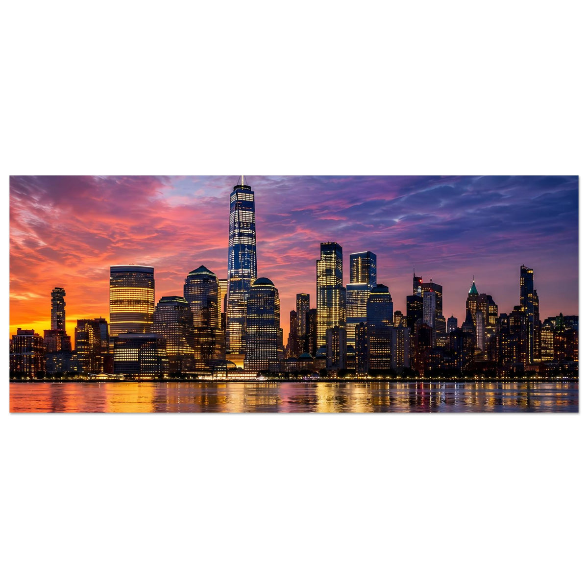 Skyline-Poster im Querformat mit New York bei Dämmerung, leuchtende Gebäude und Spiegelung im Wasser.