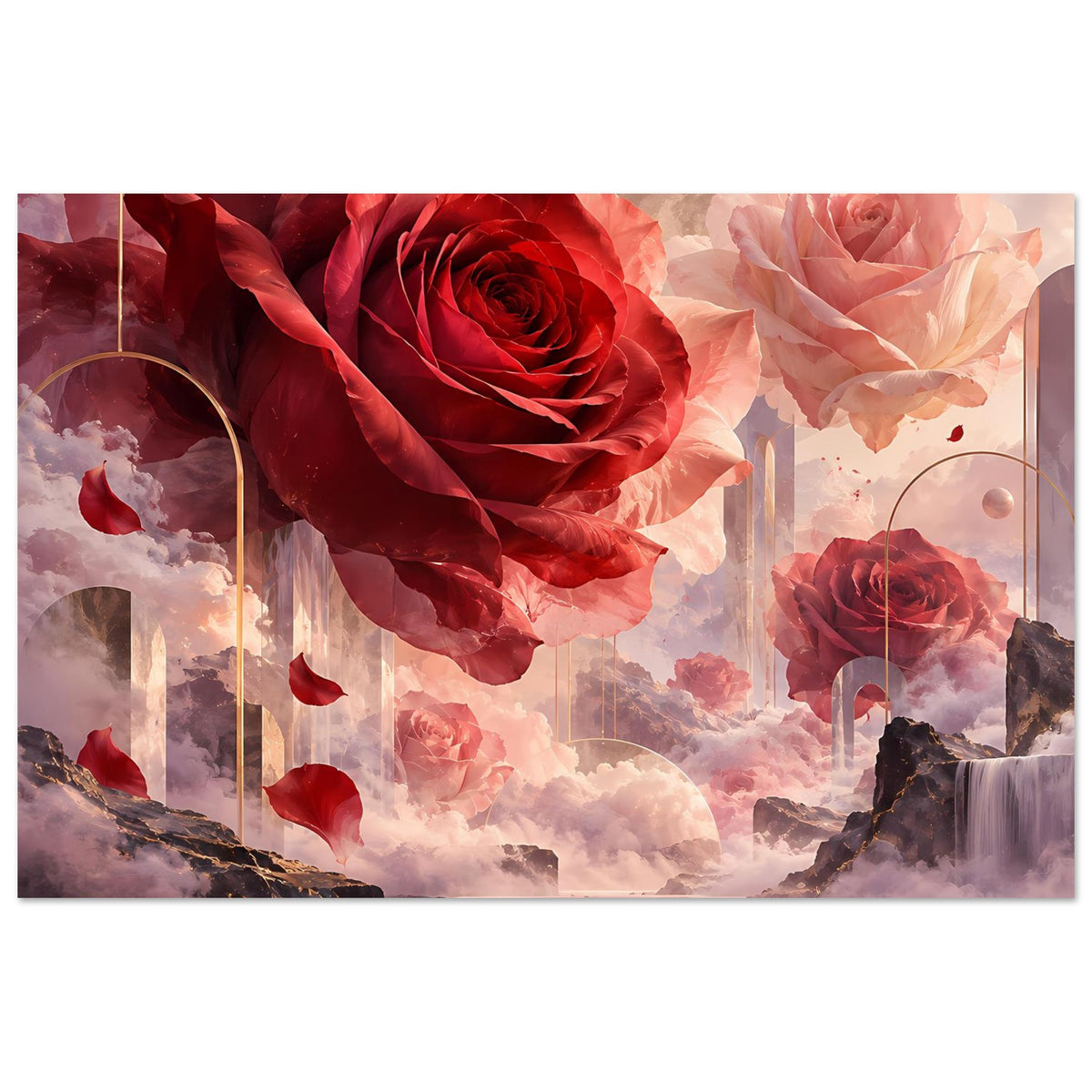 Poster mit roter Rose, rosafarbenen Rosen und Landschaft aus Wolken und Säulen