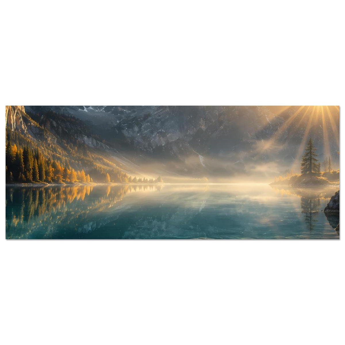 Querformat-Poster mit Berg-See-Landschaft, Sonnenlicht über Wäldern, heller Himmel