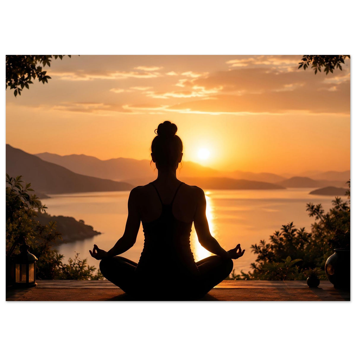 Meditationsposter mit Meditierender Silhouette im orangefarbenen Sonnenlicht