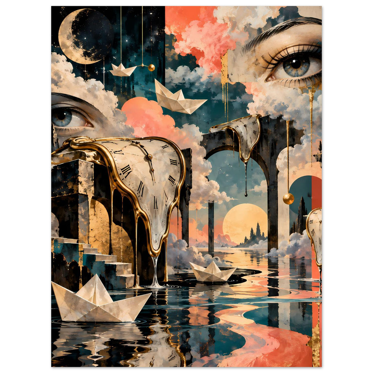 Surrealistisches Poster mit schmelzender Uhr, Himmelwolken und Papierbooten im spiegelnden Becken