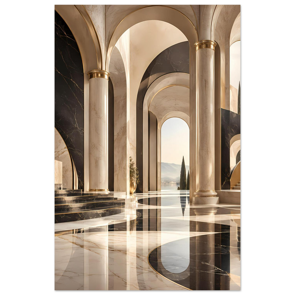 Architektur-Poster mit Marmoreffekt in Schwarz und Gold, hohe Säulen und geschwungene Bögen