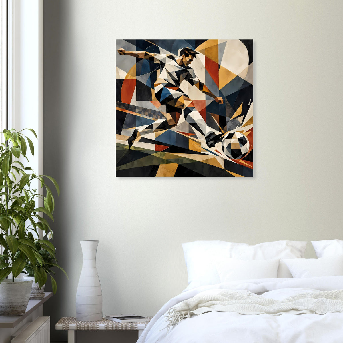 Quadratisches Poster mit abstraktem Fußballspieler und Ball, geometrische Formen in Gold und Blau