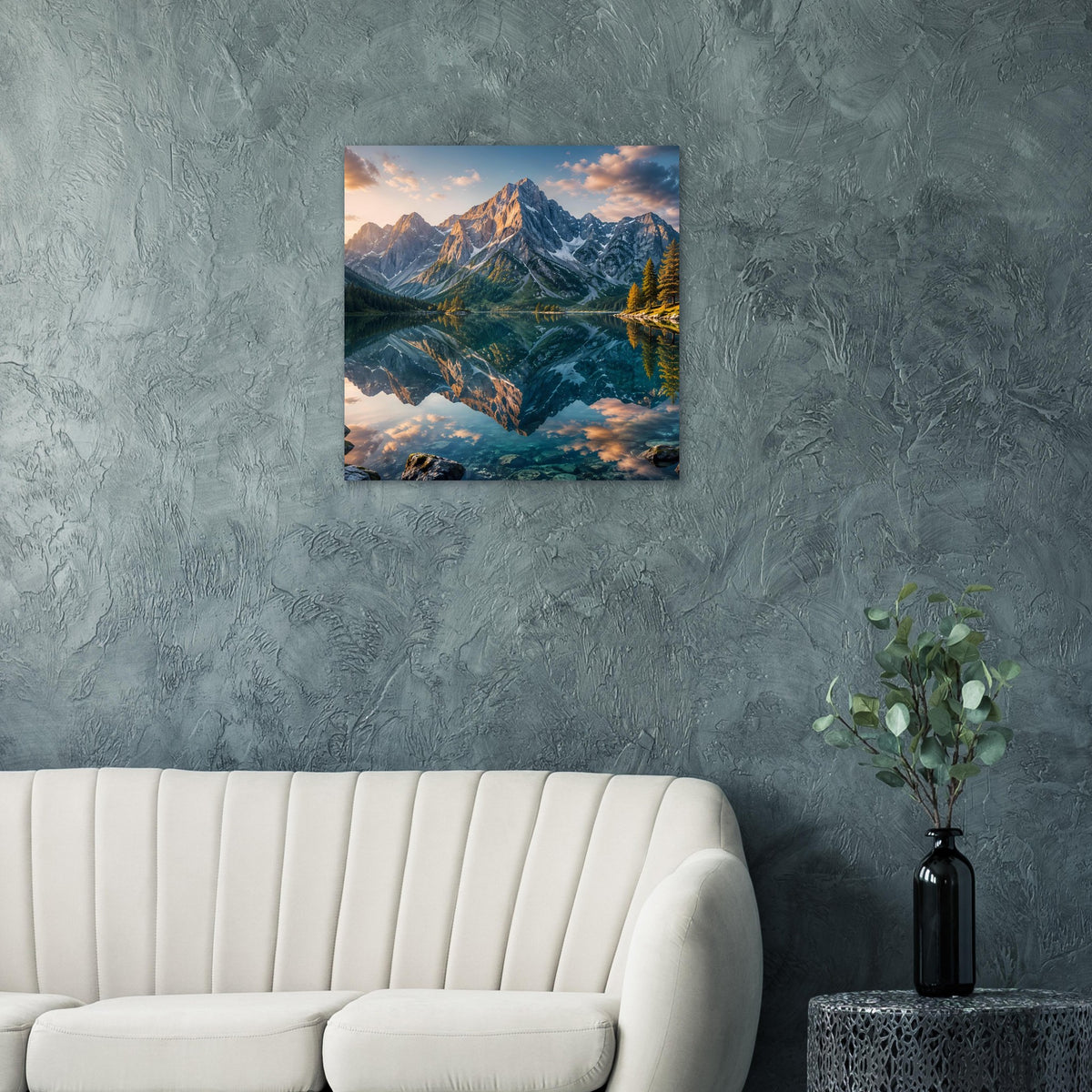 Landschaftsposter mit Alpenbergen und spiegelndem See bei Dämmerung, quadratisch