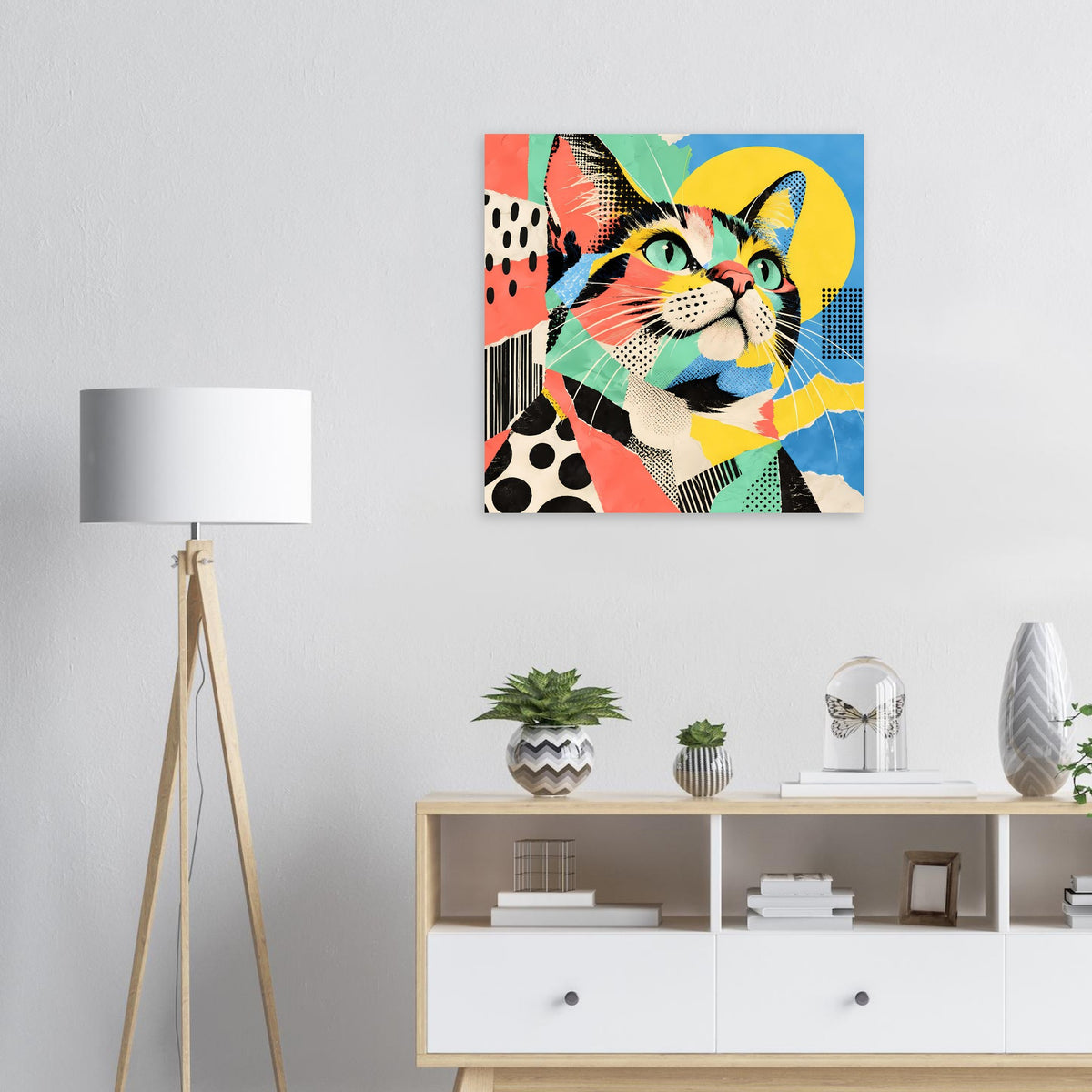 Pop-Art-Katzenposter mit farbenfrohem Katzenkopf, quadratischer Druck