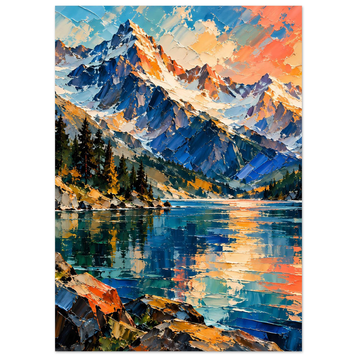 Matte Poster mit Bergsee-Landschaft: Berge, Fichten und spiegelnder See mit warmen Tönen