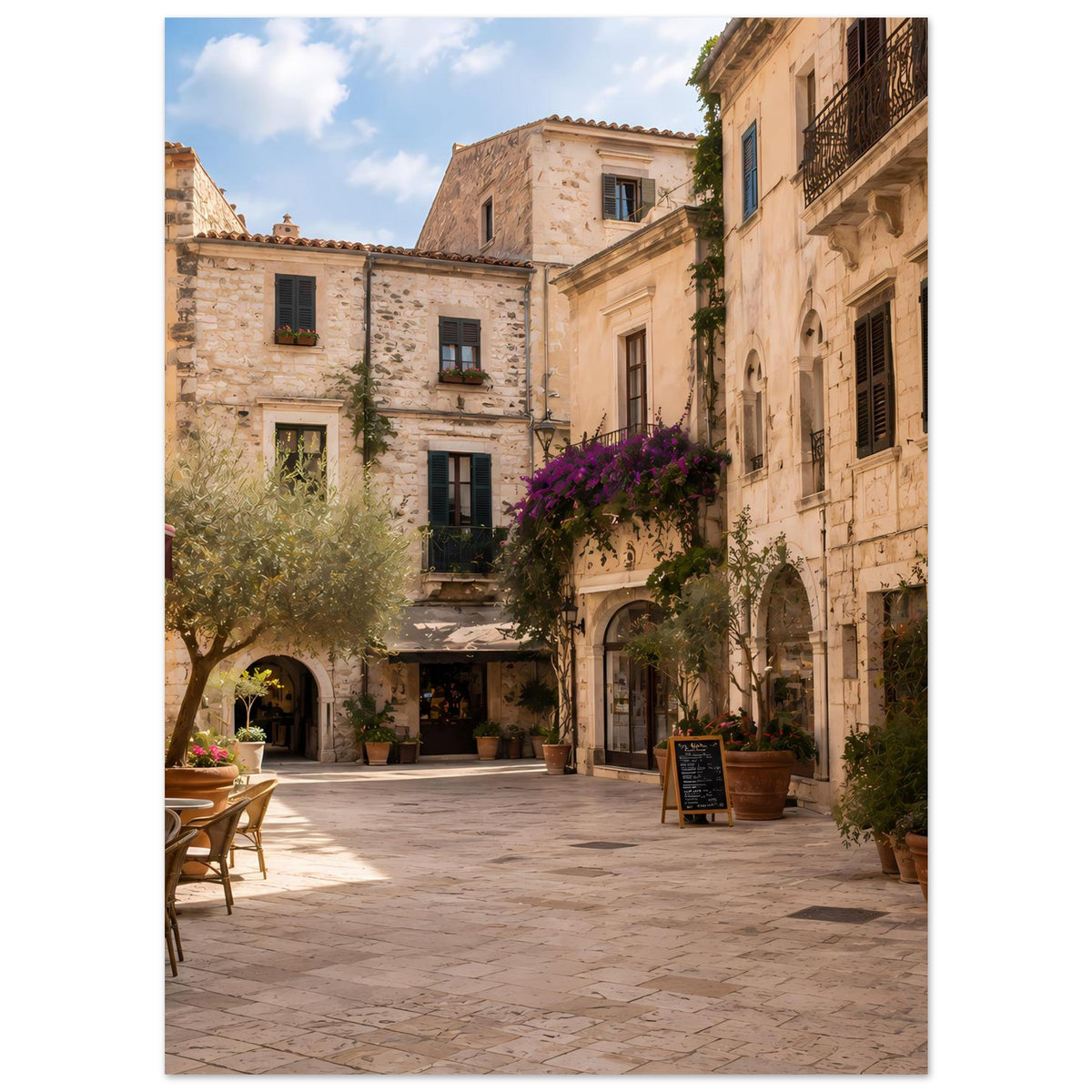 Mediterranes Straßen-Szene-Poster, vertikal: Innenhof mit Steinfassaden, violetten Blumen und Kübeln