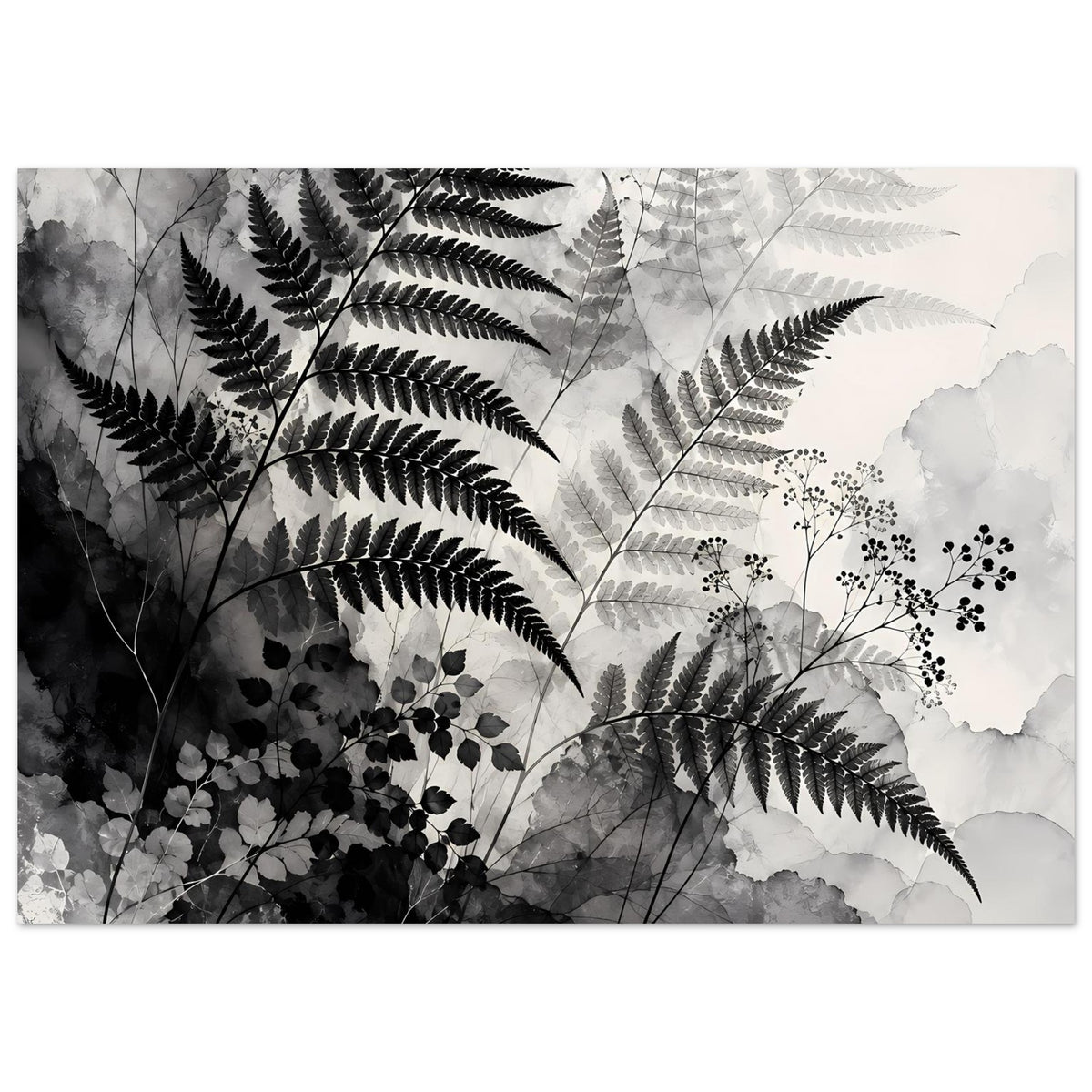 Botanisches Kunstposter mit großen Farnblättern und Wolkenformen in Schwarz-Weiß