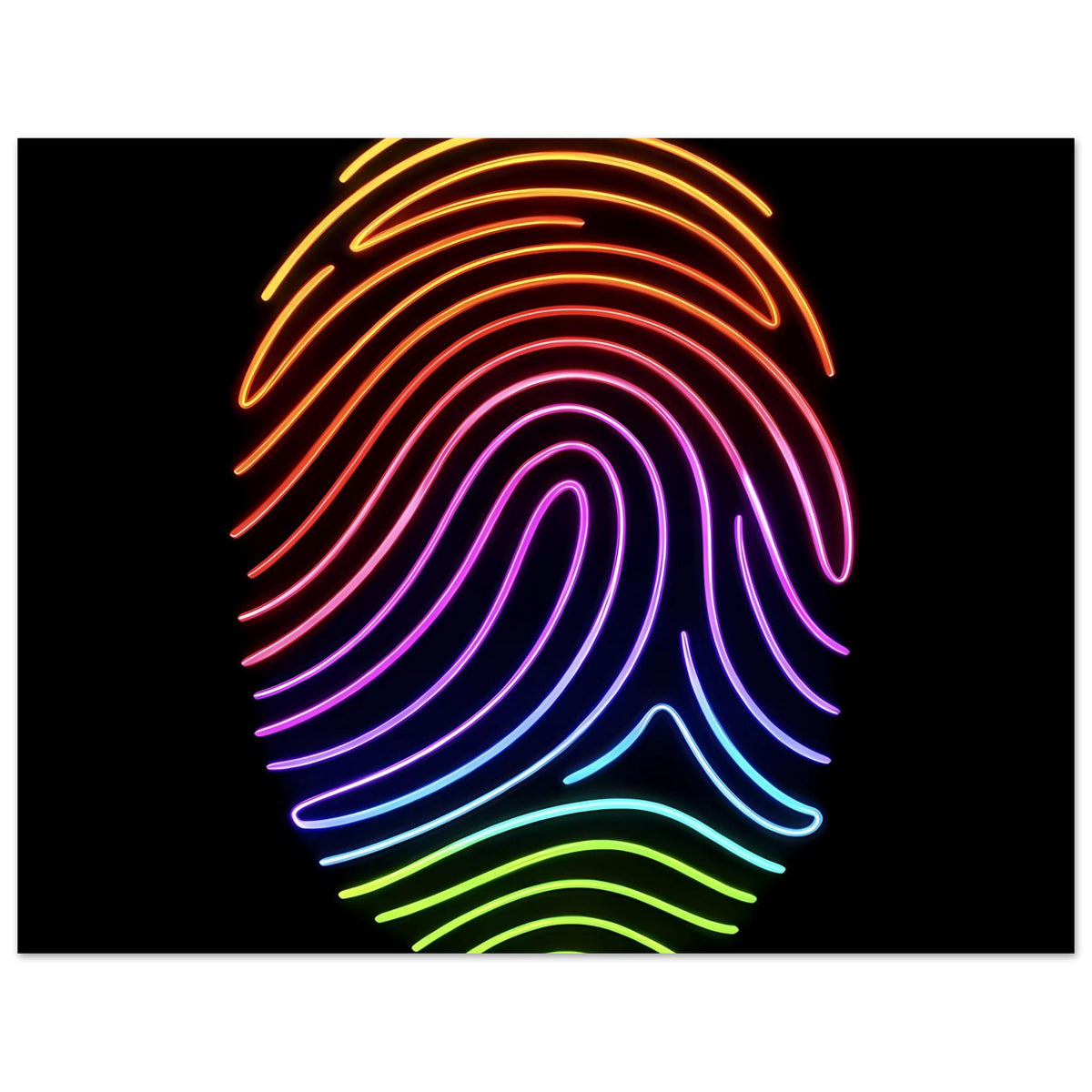 Neon-Regenbogen-Fingerabdruck-Poster: bunte Neonbogen-Fingerform auf schwarzem Hintergrund, mittig