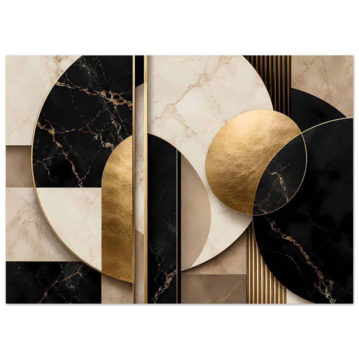 Geometrisches Marmor-Poster: runde Segmente, goldene Akzente, schwarzes und beiges Marmordesign