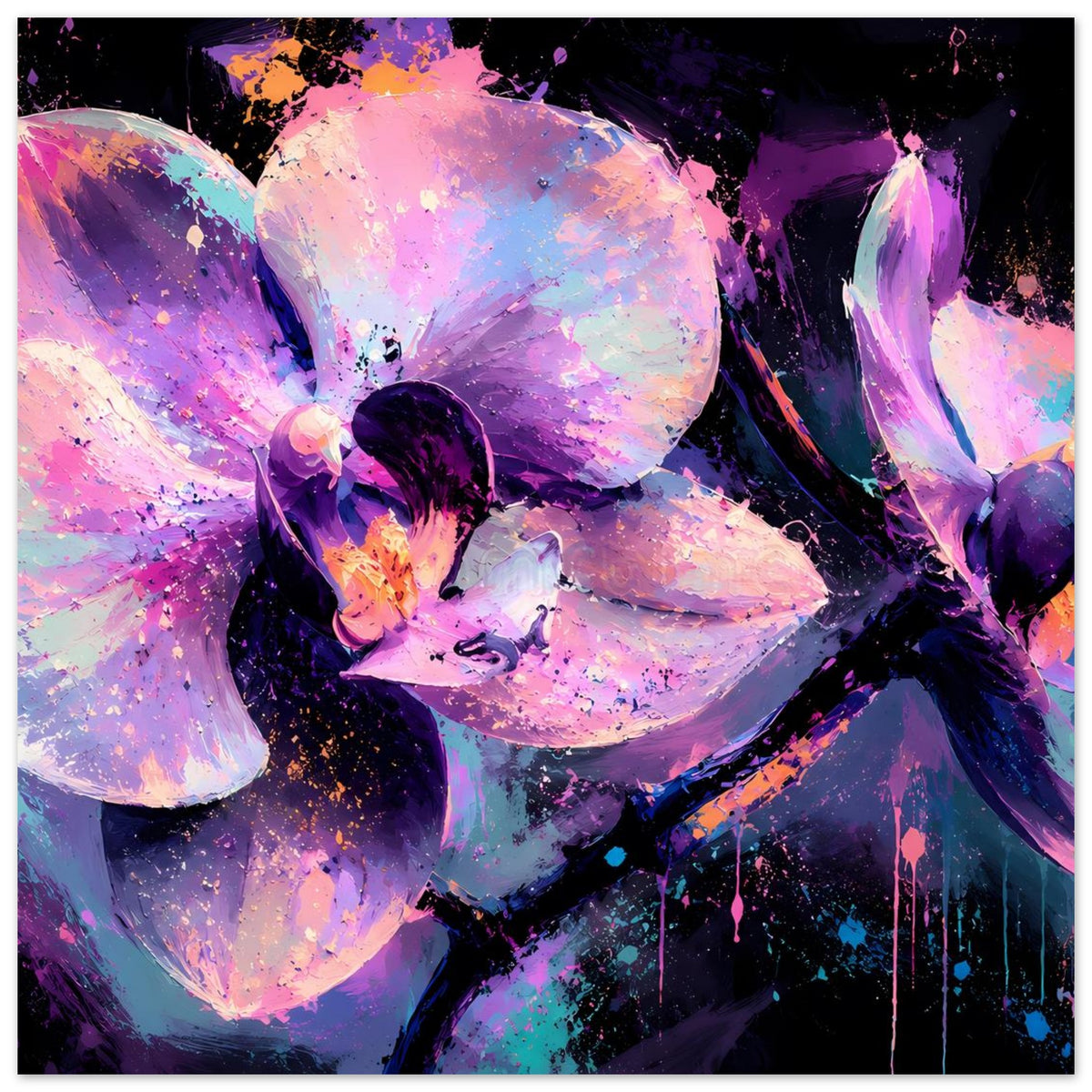 Neonkunst-Poster mit abstrakten Orchideen in Violett und Pink, Sprühneon-Effekte