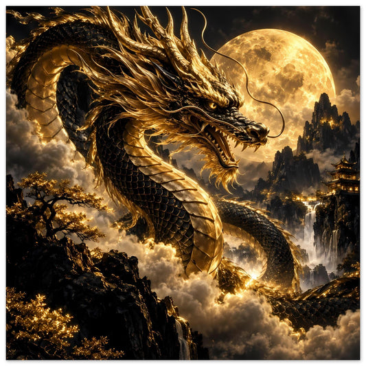 Drachenposter: goldener Drache mit Vollmond, Flügeln und bedrohlichem Blick über Wolken