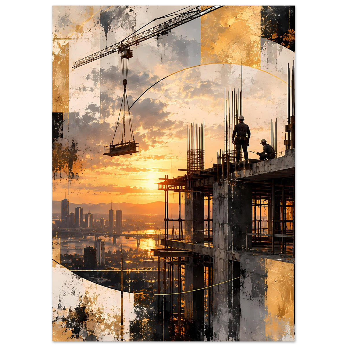 Abstraktes Bau-Poster mit goldenem Himmel, Kran am Seilzug und Baugerüst rechts