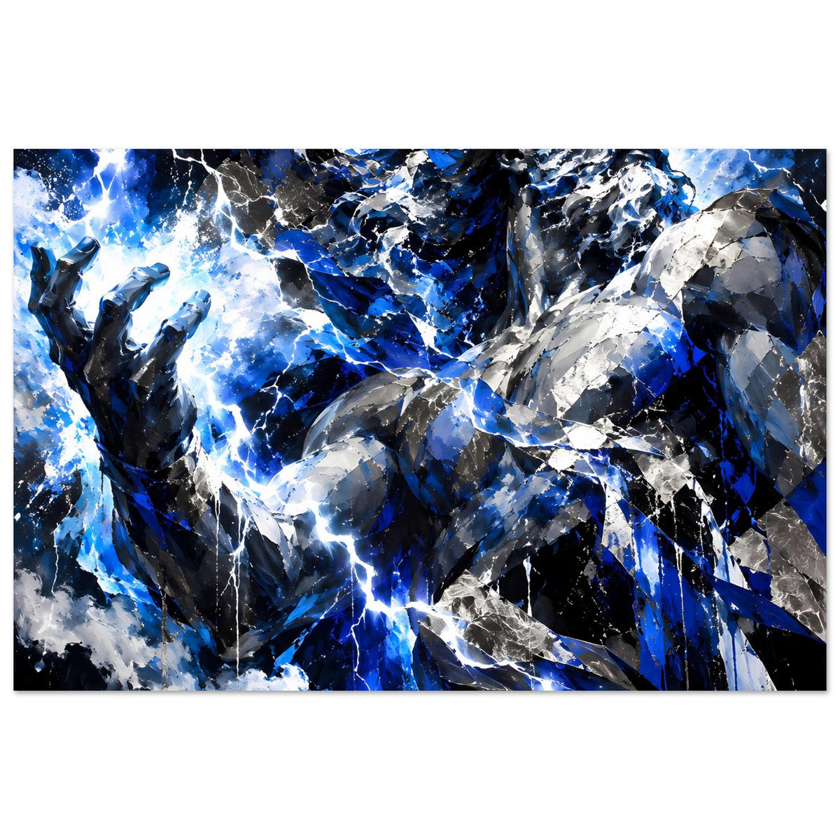 Horizontales Poster mit abstraktem Blitzmotiv von Zeus, blau-schwarze Flächen und helles Kantenlicht.
