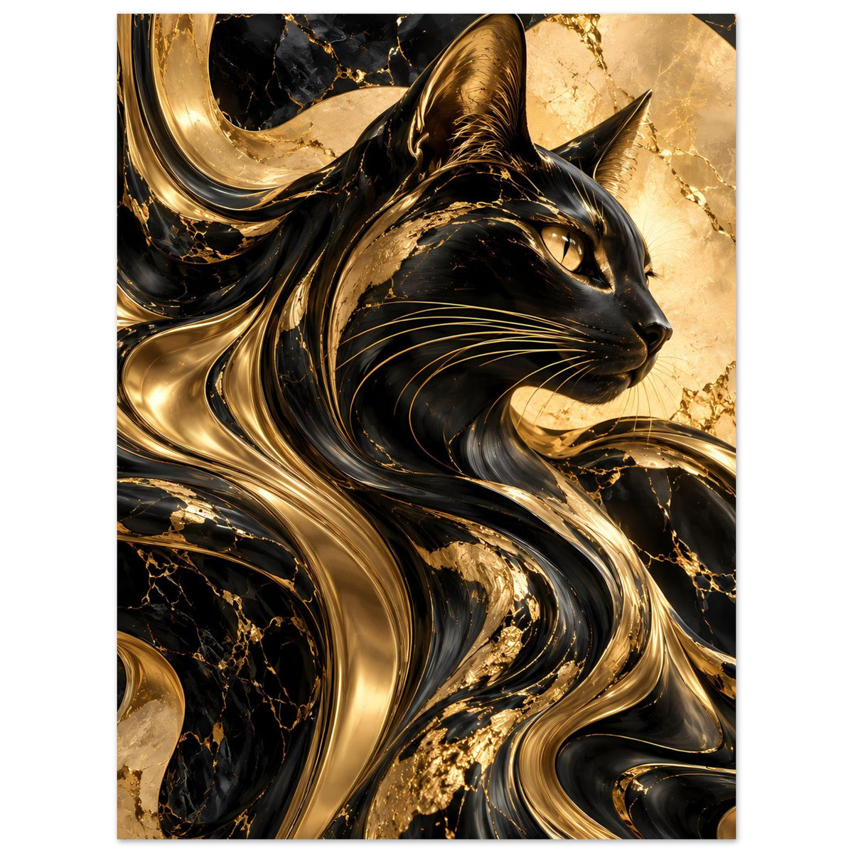 Katze im Gold-und-Schwarz-Poster mit klarer Profilansicht und glänzenden Wirbelbahnen