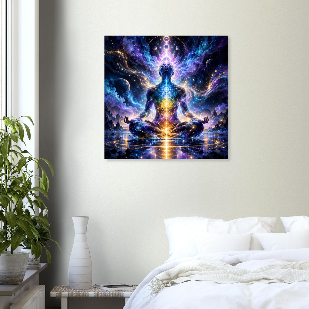 Leuchtendes Chakra-Motiv auf spirituellem Poster: meditierende Figur im Sternenmeer, zentrale Flamme
