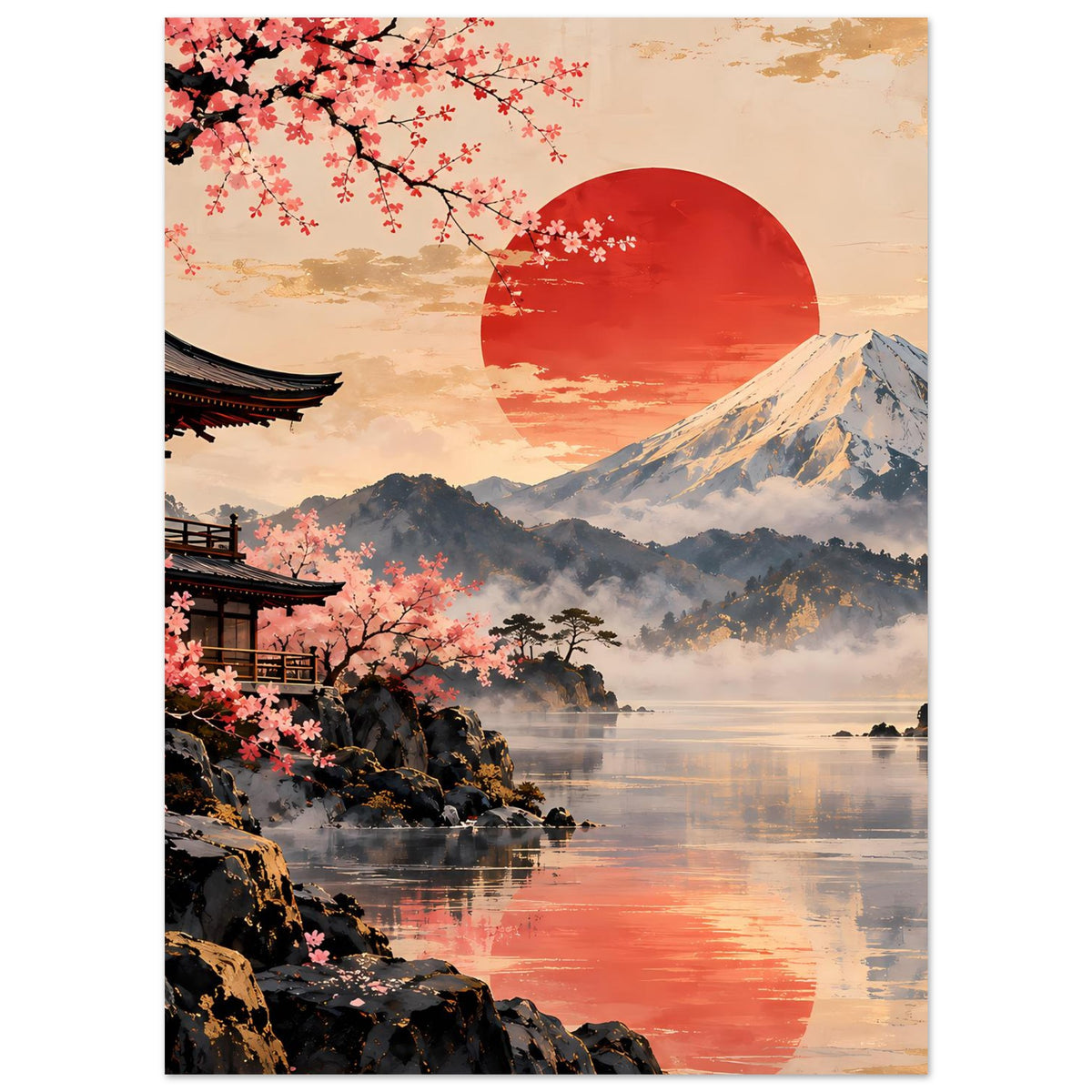 Hochformat-Poster mit Kirschblüten, Tempelgebäude, Berg und ruhigem See mit Reflexion