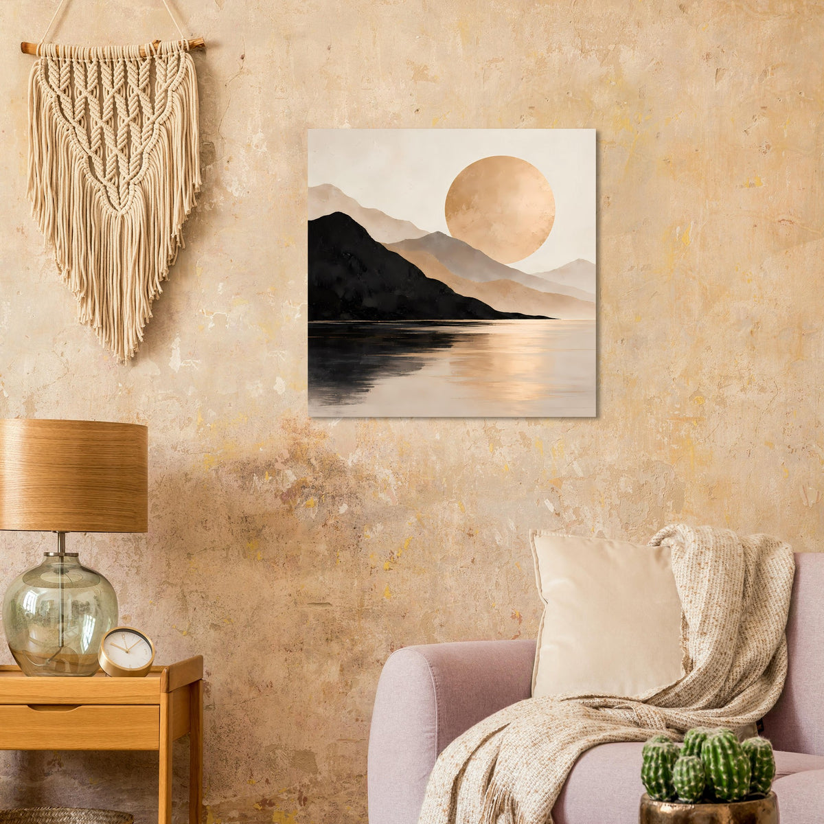 Quadratisches Poster: Berge, See und eine große runde Sonne im Pastell-Himmel