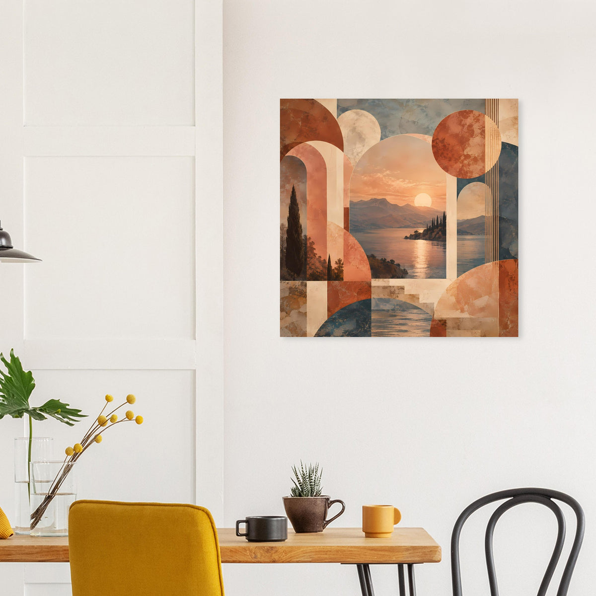 Gerahmtes Poster mit abstraktem Sonnenuntergang, warmen Erdtönen und geometrischen Ebenen