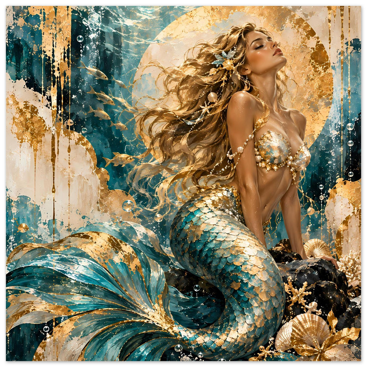 Meerjungfrau-Premiumposter: Meerjungfrau mit goldener Bikinizier, türkis-schuppenartigem Schwanz und Korallenkranz.