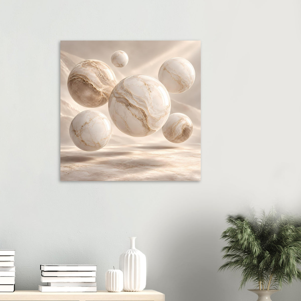 Poster mit marmorierten Kugeln, helle Creme-Optik, zentrale Kugel, horizontales Layout