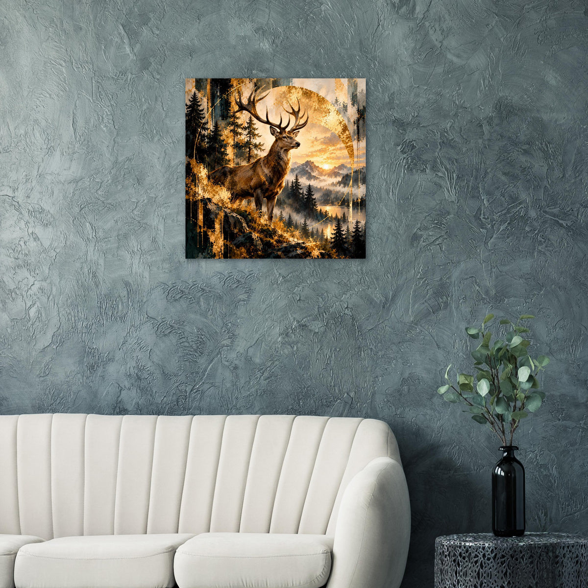 Poster mit Hirschmotiv im Wald, Sonnenuntergang in warmen Farben