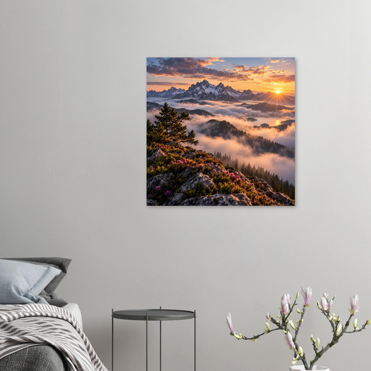 Kleines Poster im Hochformat mit Bergpanorama, Nebelmeer und warmem Sonnenaufgang